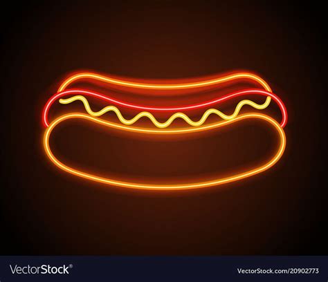 Hot dog neon signboard, poster with bun and sausage, ketchup and mayonnaise with mustard ...