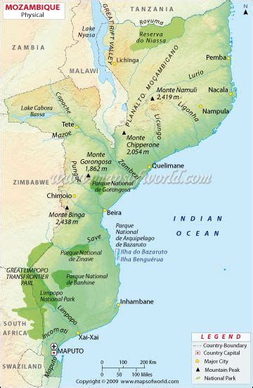 Mozambique Physical Map | Mozambique, Physical map, Zambezi