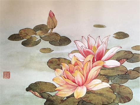 Chinese Fan Painting Lotus Waterlilies Flowers Flower Bird Brush Paintings Watercolor Prints ...