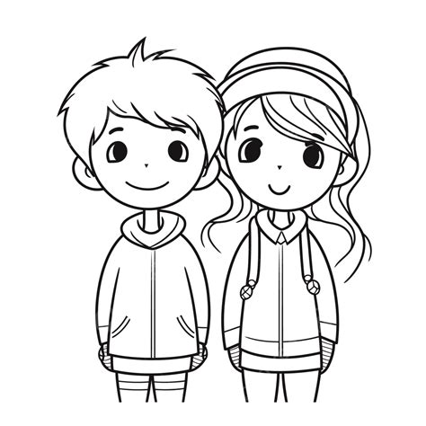 Black And White Cartoon Cartoon Boy And Girl In Coat Outline Sketch Drawing Vector, Drawing ...