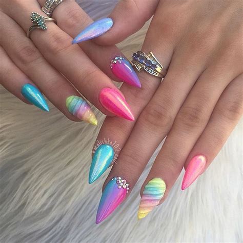 Rainbow neon glitter chrome unicorn stiletto nails Unicorn Nails ...