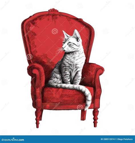 A Drawing of a Cat Sitting on a Red Chair with a White Stripe on it S Leg and a Black and White ...