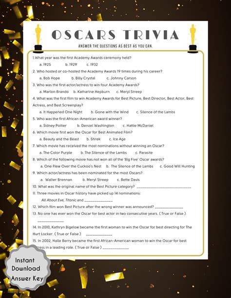 Oscars Trivia Game 93rd Academy Awards Printable Game | Etsy