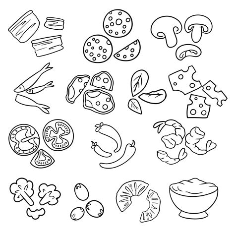 Monochrome set of various pizza toppings in cartoon style, images of various pizza toppings ...