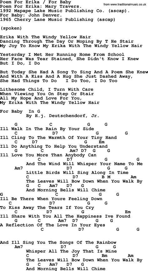 Peter Paul And Mary Song Poem For Erika For Baby Lyrics