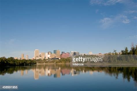 City Of Edmonton Skyscrapers Reflected In River High-Res Stock Photo ...