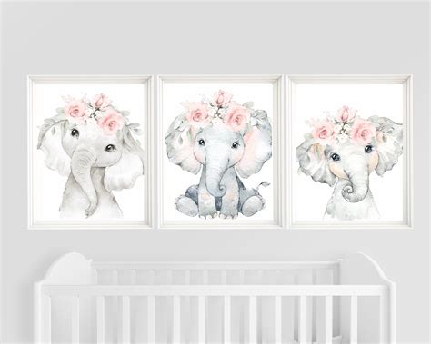 Set of 3 elephant prints nursery decor girl floral elephant nursery wall decor elephant nursery ...