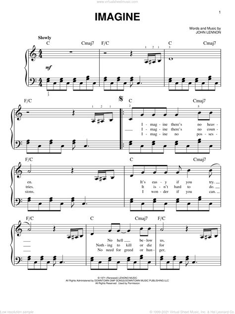 Imagine sheet music (easy version 2) for piano solo (PDF)