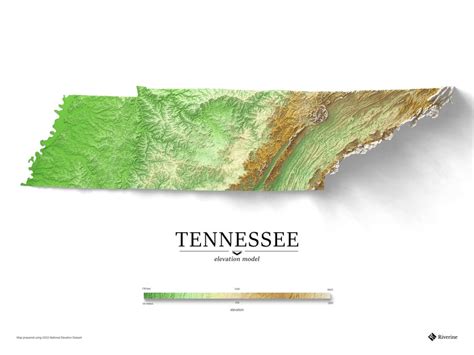 Tennessee Elevation Map with Exaggerated Shaded Relief : Tennessee