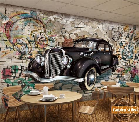 Custom 3d automobile wallpaper mural classic vintage car out of graffiti wall tv sofa bedroom ...