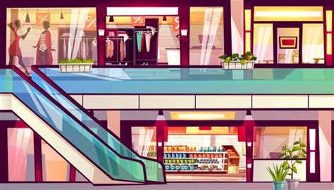 Download Mall With Shops And Cafes Illustration. Escalator Staircase With Grocery Store ...