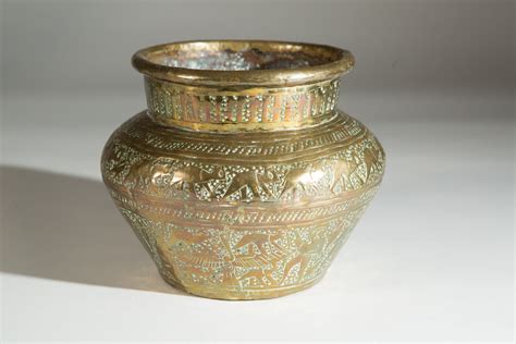 Egyptian Brass Planter - Vintage Pot with Pyramids, Sphinx - Round Metal Jardiniere for ...