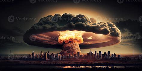 Big nuclear explosion mushroom cloud effect over city skyline for ...