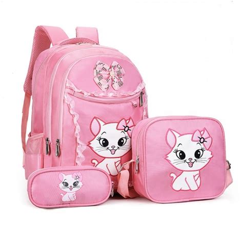 Cute Cat Printing Lace Backpack Lightweight Princess School Bag Kids Bookbag Handbag Pen Bag Set ...