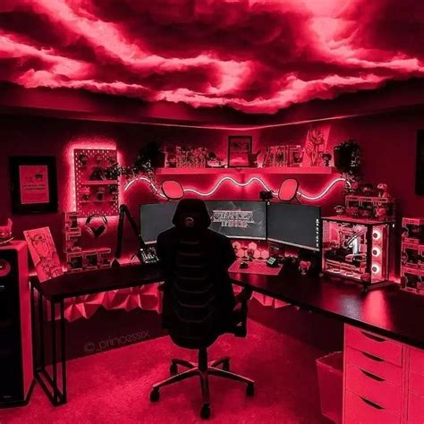 Red pc setup aesthetic | Game room design, Game room decor, Small game rooms