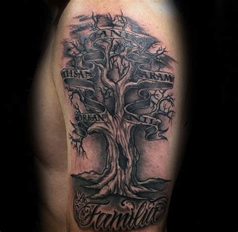 Gentleman With Family Tree Tattoo With Names In Banner Tree Tattoo Meaning, Tree Tattoo Men ...