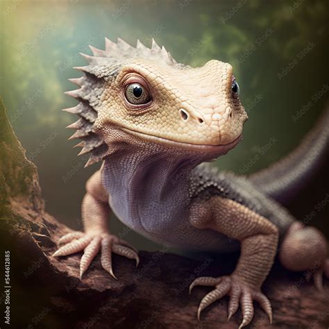 a cute adorable baby dragon lizard 3D Illustation stands in nature in ...