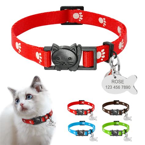 Quick Release Cat Collar and Tag Set Paw Print Nylon Personalized Engraved Cats Dog Collars For ...