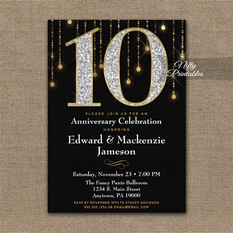 10th Anniversary Invitations Black Gold Diamonds - Nifty Printables