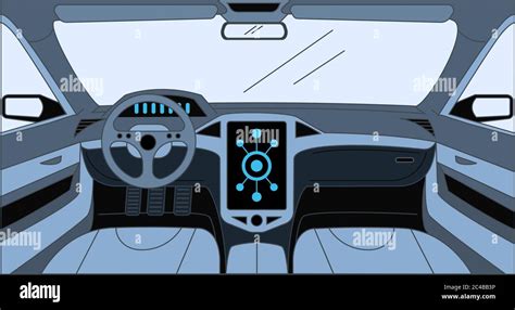 Car interior vector cartoon outline illustration. Driver view with big sensor system, rudder ...