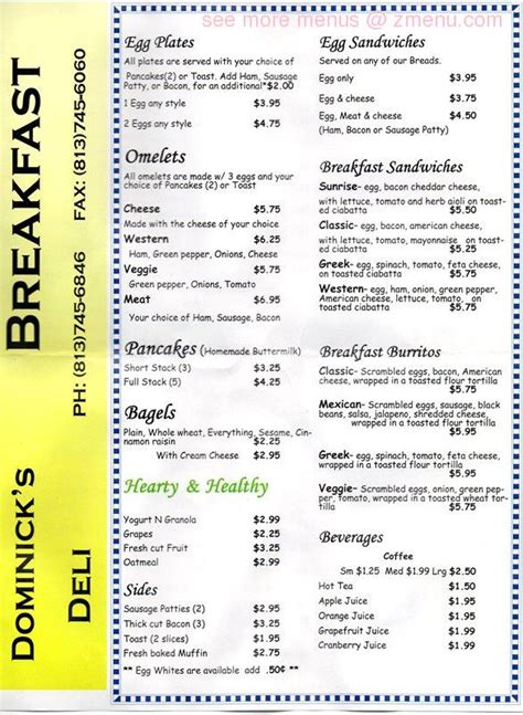 Menu at Dominick's Deli, Tampa, USF Magnolia Drive