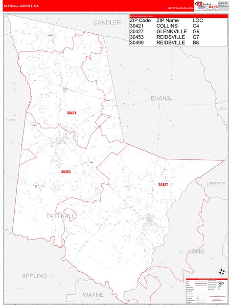 Tattnall County, GA Zip Code Wall Map Red Line Style by MarketMAPS - MapSales.com