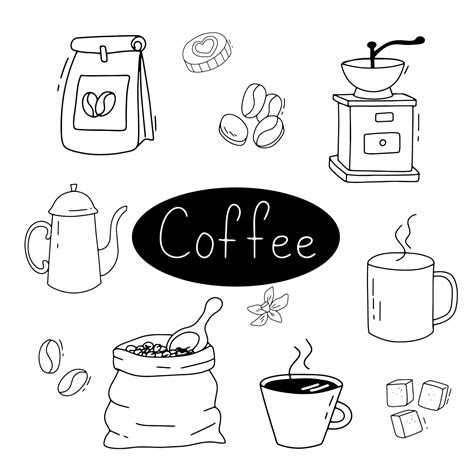 Coffee sketch set. Doodle coffee cup and grinder. Vector illustration ...