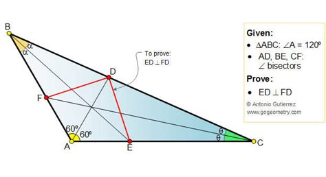 Infographics Geometry Problem 368. Triangle, 120 degrees, Angle bisectors, Perpendicular. Math ...