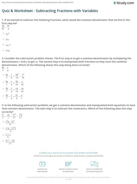 Quiz & Worksheet - Subtracting Fractions with Variables | Study.com