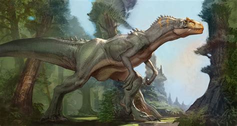 an artist's rendering of a dinosaur in the woods