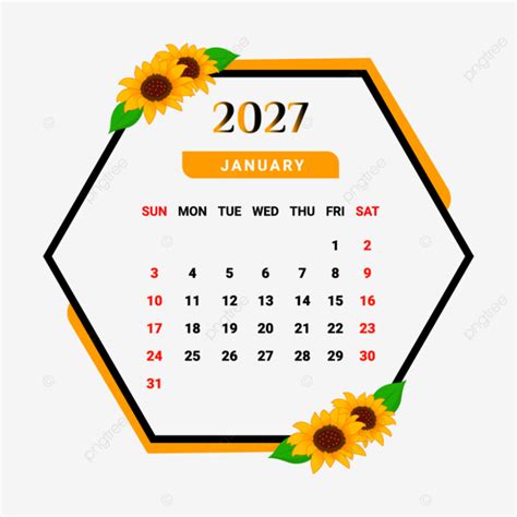 2027 January Calendar With Unique Flower Frame Vector, Monthly Calendar, Calendar, January 2027 ...