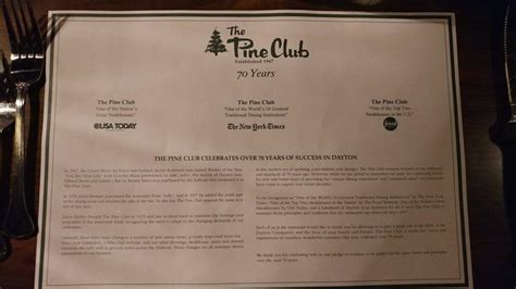 Menu at Pine Club, Dayton