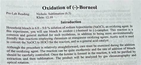 SOLVED: Title: Oxidation of (-)-Borneol: Chemical Reaction and Mechanism Text: Draw the chemical ...