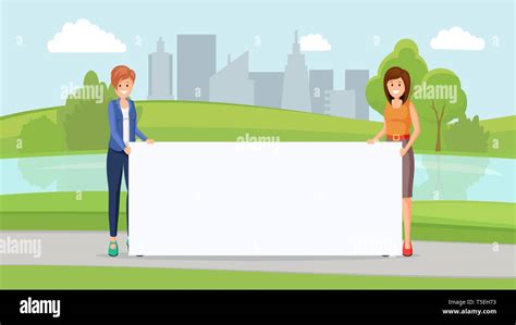 Students holding empty banner vector illustration. Happy women participating in environmental ...