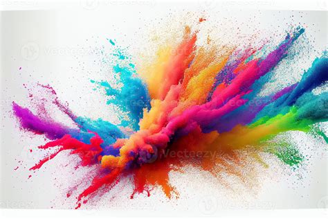 colorful rainbow holi paint color powder explosion isolated white wide ...