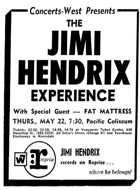 May 22, 1969: Jimi Hendrix / Fat Mattress at Pacific Coliseum Vancouver ...