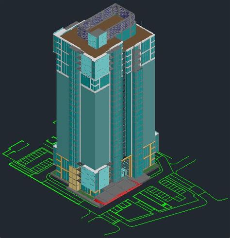 3D drawing of comercial tower building - Cadbull | 3d drawings, Tower ...