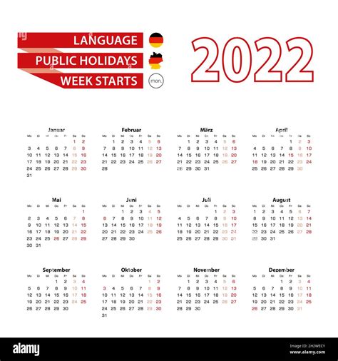 Calendar 2022 in Germany language with public holidays the country of German in year 2022. Week ...