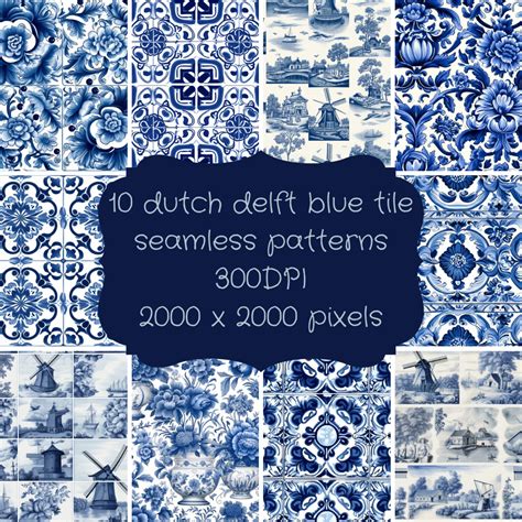 10 Dutch Delft Blue Patterns, Seamless Patterns, Vintage Windmills ...