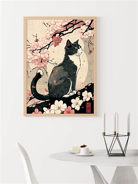 Cat In Blossom, Japanese Art Style, Japanese Cat Poster, , No Frame