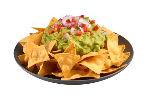 Plate of spicy nachos with guacamole isolated on transparent background. Generative AI 28174754 PNG