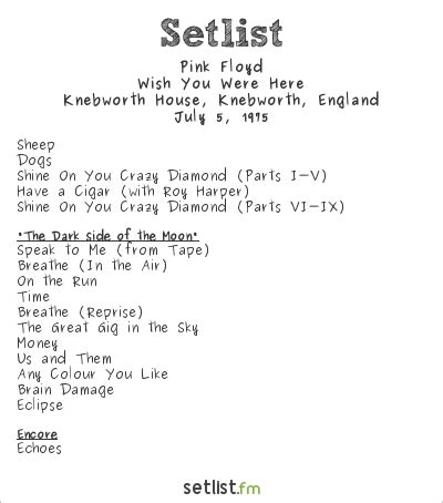 Pink Floyd Setlist Knebworth Park, Knebworth, England 1975, Wish You Were Here Widgets | setlist.fm