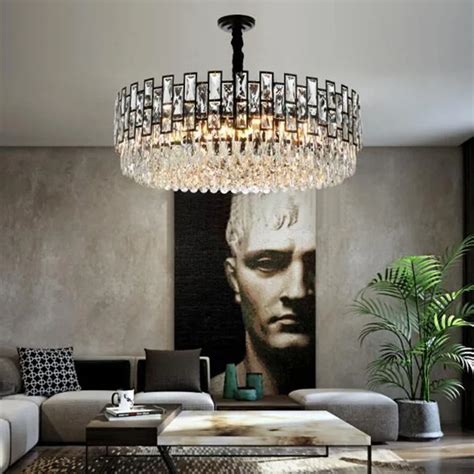 Manggic Minimalist postmodern crystal black chandelier round LED living room home bedroom ...