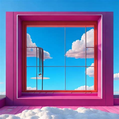 Premium Photo | A pink window frame with a blue sky and clouds in the background.