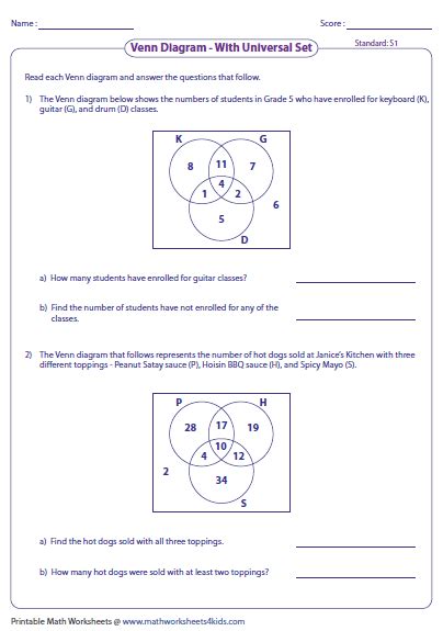 Venn Diagram Word Problems Worksheets: Three Sets