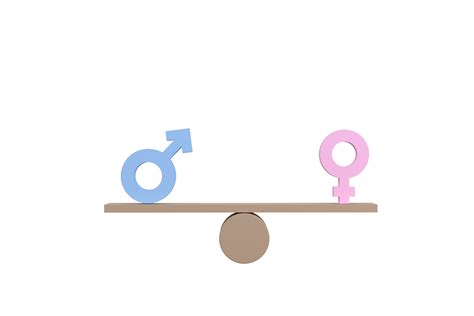 3D. Gender equality concept. Gender symbols balancing on wooden seesaw ...