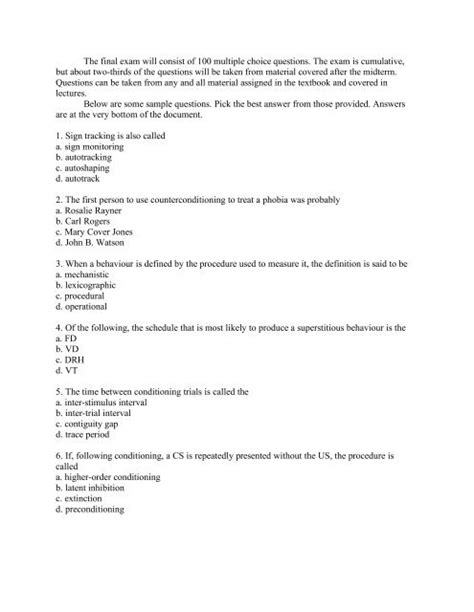 The final exam will consist of 100 multiple choice questions. The ...