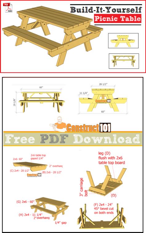 Traditional Picnic Table Plans - PDF Download - Construct101