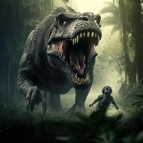 Premium AI Image | a dinosaur with a gun in the background with a man ...