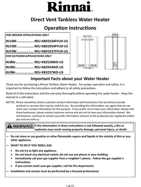 RINNAI RUC80I WATER HEATER OPERATION INSTRUCTIONS MANUAL | ManualsLib